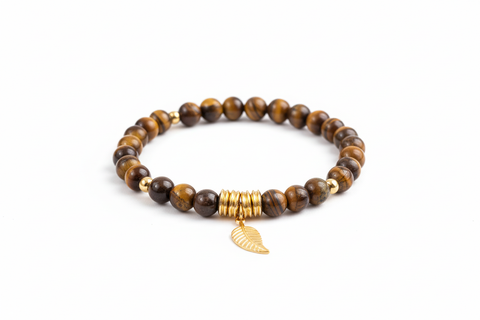 Bracelet extensible Œil de tigre et feuille dorée