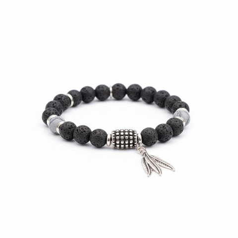 Bracelet pierre volcanique avec plume argent - fond blanc