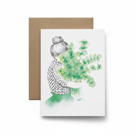 Carte de souhaits fille au bouquet d’eucalyptus